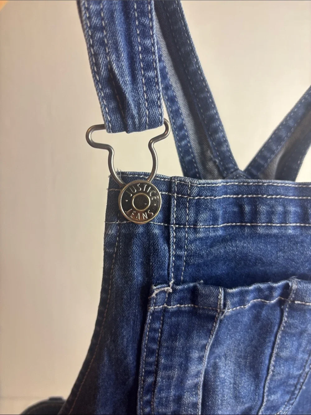 Justice Dark Blue Denim Overalls with Distressed Accents